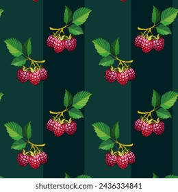 Striped background with raspberries.Branches with red raspberries on a striped background in a vector seamless pattern.