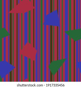 Striped background with red, blue and green shapes. Seamless repeatable vector pattern, colorful design.