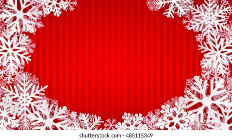 Striped background in red colors with white snowflakes