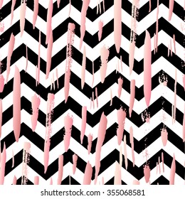 Striped background with rose gold brush strokes and black and white stripes chevrons. Hand drawn ink background. Fashion trendy wallpaper. Gradient seamless pattern. Modern painted card