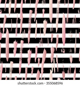 Striped background with rose gold brush strokes and black and white stripes. Hand drawn ink background. Fashion trendy wallpaper. Gradient seamless pattern. Modern painted card