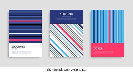 Striped background. Set of A4 vertical brochures with colorful lines. Business template collection. Cover design in flat style. Vector illustration. Design poster, wallpaper, notebook, catalog.