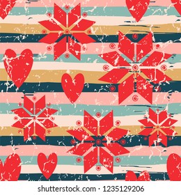 Striped background with stylized stars. Seamless vector pattern with stars and hearts.