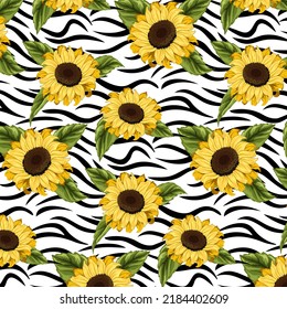 Striped background with sunflowers.Vector seamless pattern with sunflowers on a black and white background.