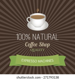 Striped background with text and a coffee mug. Vector illustration