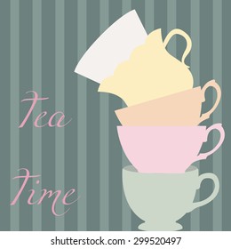 Striped background with text and a stack of cups. Vector illustration