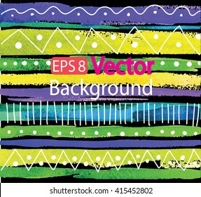 Striped background with texture watercolor and ethnic patterns. Multicolored stripes freehand drawing .