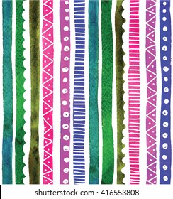 Striped background with texture watercolor and ethnic patterns. Multicolored stripes freehand drawing .