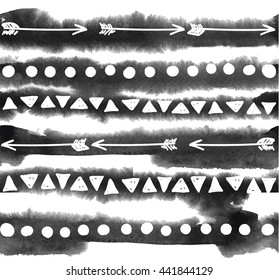 Striped background with texture watercolor and ethnic patterns. 
