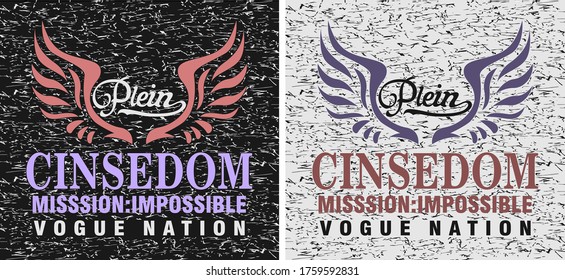 Striped background with two wings at the top and "plein" word between it and other words is at the center and bottom. in two colors for boys t shirt printing