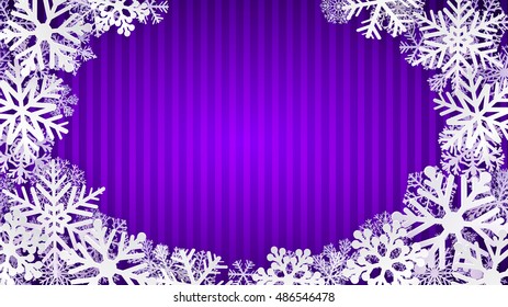Striped background in violet colors with white snowflakes