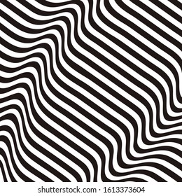 Striped background. Wave trough zebra black white lines. Vector texture illustration. Distortion volume effect on regular surface.