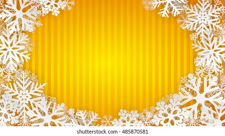 Striped background in yellow colors with white snowflakes