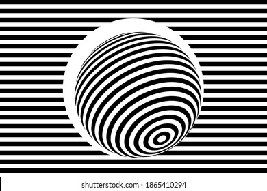 Striped ball, 3D sphere, horizontal line. Optical art Background. Vector Illustration.