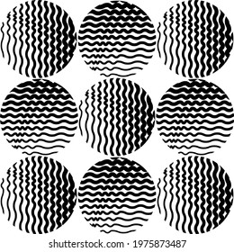 Striped balls 3D. Black and white abstract background. Vector spiral diagonal swirls sphere with optical illusion effect. Modern minimalist graphic design in an interesting composition.. for textile