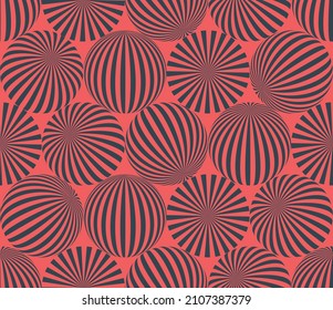 Striped Balls In Different Positions Seamless Pattern Psychedelic Art Red Black Abstract Vector Background. Freaky Acid Trip Crazy Repetitive Wallpaper. Spheres Linear Patterns Bizarre Illustration