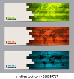 Striped banner set of three with abstract stripes and scribbled maps