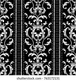 Striped Baroque seamless pattern. Black white vector background with vertical stripes, stitches, dotted lines, crown, damask flowers, scroll leaves, antique baroque ornaments. Isolated texture.