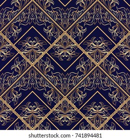 Striped Baroque seamless pattern. Dark blue floral vector background wallpaper illustration with vintage line art tracery gold damask flowers, leaves, stripes, frames, rhombus,lines, geometric shapes.