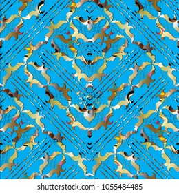Striped baroque seamless pattern. Vector geometric light blue grunge background. Floral gold ornaments with figured stripes, lines, scroll leaves, zigzag, frames.Surface design for fabric, wall papers