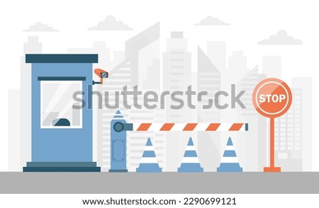 Striped barrier concept. Paid entry to parking near supermarket. Protected area, guarding entrance to most important offices. Automatic barrier gate. Cartoon flat vector illustration