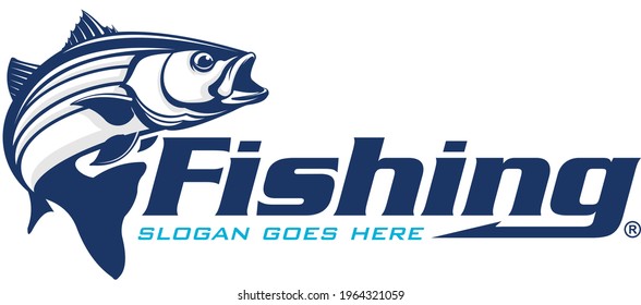 Striped Bass Fish Logo, Great and Unique Striped bass fish Jumping out of the water. Great to use as your stripped bass fishing activity. 