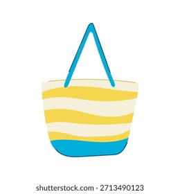 Striped beach bag features yellow and white wavy lines with a blue base and handle, representing summer holidays, travel, and leisure activities in a simple graphic illustration