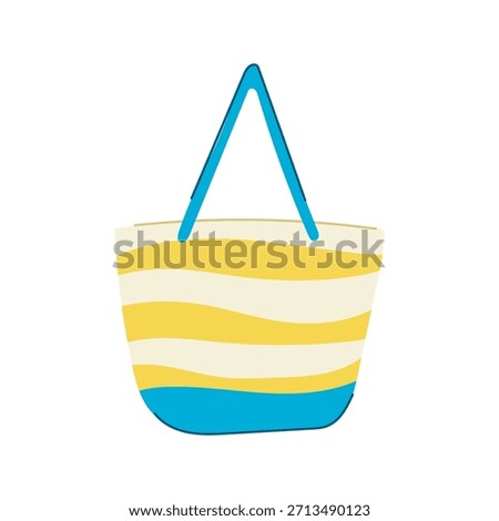 Striped beach bag features yellow and white wavy lines with a blue base and handle, representing summer holidays, travel, and leisure activities in a simple graphic illustration