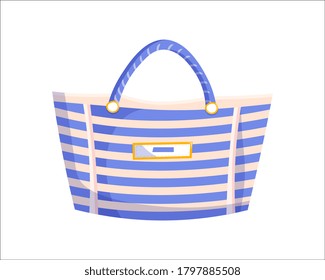 Striped beach bag. Isolated female fashion accessory. Beautiful woman trapeze handbag glamour style design with handles. Big blue and white lady beach hand bag icon