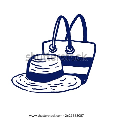 Striped beach bag and wide-brim straw hat. Isolated vector illustration in hand-drawn line style with blue ink. Great for packaging design, travel products, and summer prints.