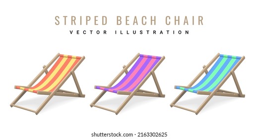 Striped beach chair. Realistic 3D deck chair isolated on white background. Summertime object. Vector illustration.