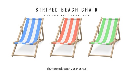 Silla de playa a rayas. Una tumbona 3D realista aislada de fondo blanco. Objeto Summertime. Ilustración vectorial.
