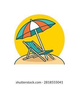 A striped beach chair and umbrella are set up on the sand, inviting relaxation and leisure.
