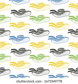 Striped beach hats, isolated vector illustration. Geometric seamless pattern in trendy flat style. For printing on wallpaper, textiles, packaging.