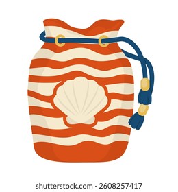 Striped Beach Pouch with Shell Design and Drawstring Vector Illustration Image