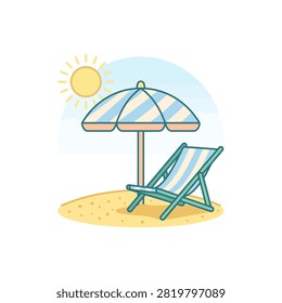 A striped beach umbrella and a matching deck chair sit on the sand, bathed in sunlight.