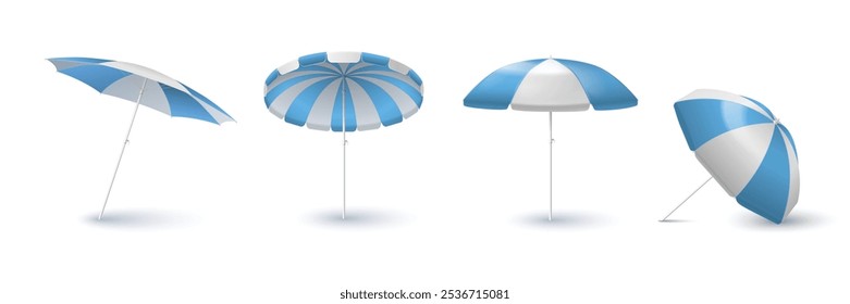 Striped beach umbrella mockups set isolated on white background. Vector realistic illustration of open blue sunshade parasol, garden or poolside protective accessory, summer vacation equipment