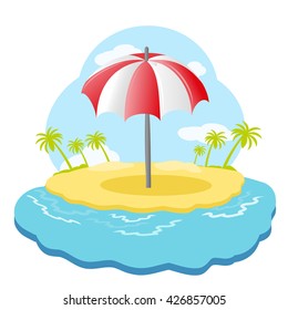 Striped beach umbrella on sandy island with palm trees in sea. Vector illustration