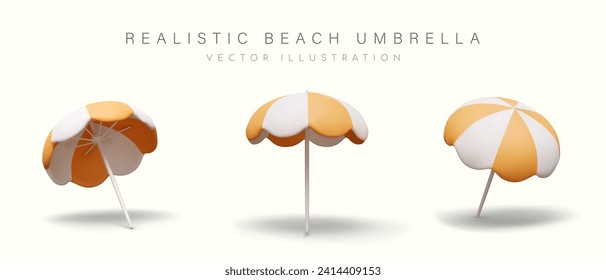 Gestreifter Sonnenschirm in vertikaler und kippbarer Lage. Sonnenschutz im Resort. Set süße 3D-Illustrationen im Cartoon-Stil. Vorlagen für Strandlandschaften