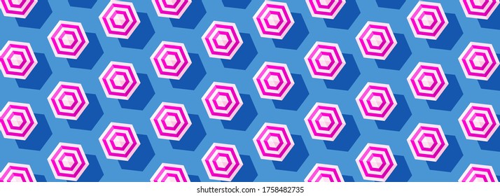 Striped beach umbrellas pattern on a blue horizontal modern background, flat lay