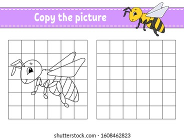 Striped bee.. Copy the picture. Coloring book pages for kids. Education developing worksheet. Game for children. Handwriting practice. Funny character. Cute cartoon vector illustration.