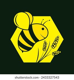 Striped bee, yellow honeycomb and flower. Design for the production and sale of honey