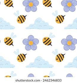 striped bees fly among blue flowers and clouds. vector background illustration. children's textile design, funny background