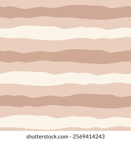 Striped Beige Seamless Pattern. Modern pastel colored abstract background with curvy horizontal stripes. Contemporary hand drawn minimal texture. Vector illustration