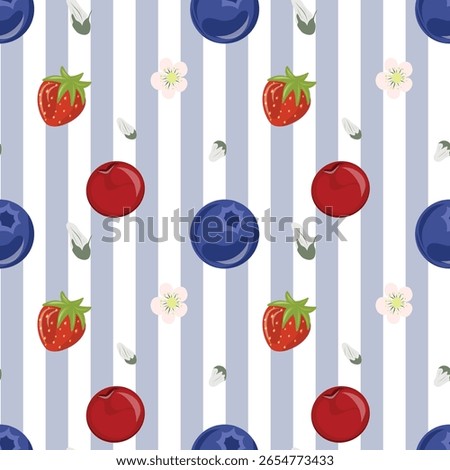 Striped Berry Seamless Pattern, Juneberry, Strawberry Cherry. Seamless Blue Vertical Stripe with Mixed Berries