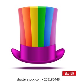 Striped big gentleman hat cylinder with rainbow color. Vector Illustration. Isolated on white background.