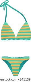 Striped bikini swimsuit with halter neck top and bikini bottom. Summer beachwear fashion illustration, trendy swimwear vector illustration.