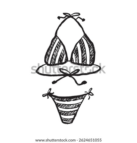 Striped bikini swimsuit with triangle top in black brush stroke texture isolated on white. Hand drawn vector sketch illustration in vintage charcoal ink. Summer vacation equipment, beach wear.