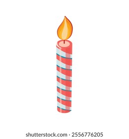 Striped birthday candle with flame isolated on white background. Vector.