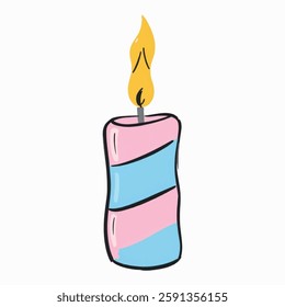 A striped birthday candle with a small flickering flame, symbolizing celebrations.